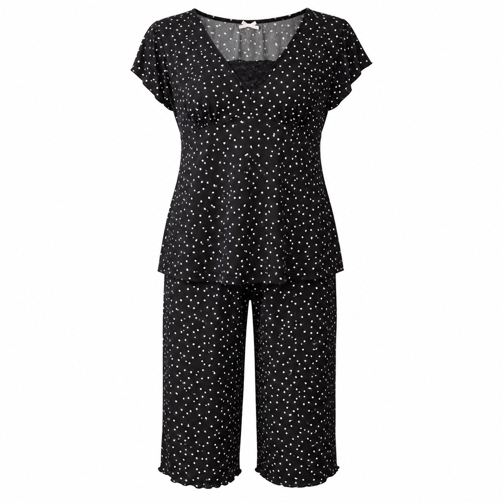 Black White Polka Dot Pajama Set Lace V-Neck Empire Waist Wide Leg Loungewear